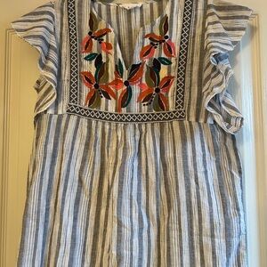 THML Blue/Gray and White Striped Dress with Floral Embroidery